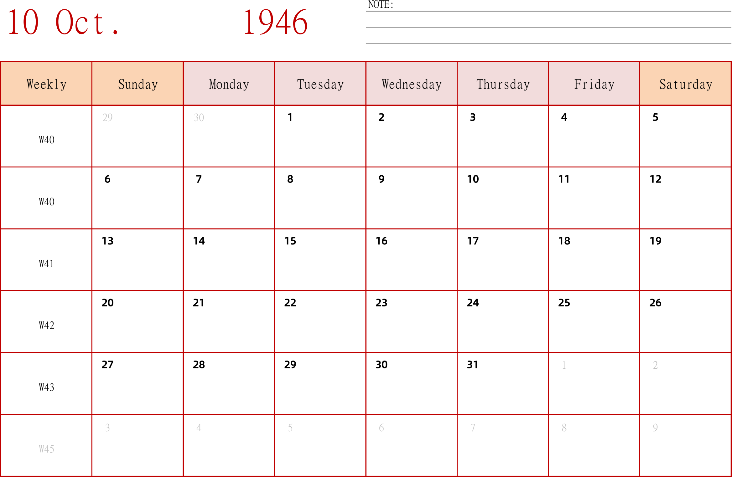 日历表1946年日历 英文版 横向排版 周日开始 带周数